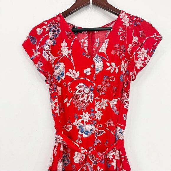 Talbots Red Blue Cream Floral Print V Neck Button Front Sash Waist Dress - Picture 5 of 16